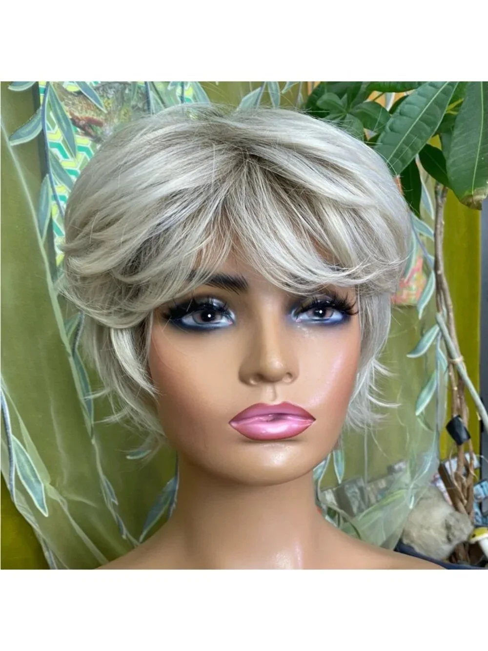 ash platinum blonde rooted shaggy pixie bob wig